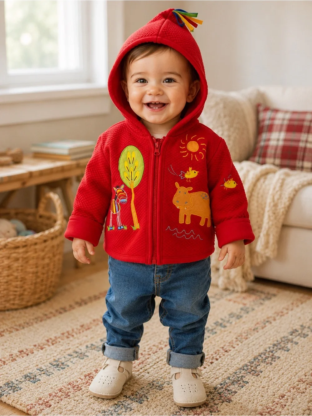 Hanna Andersson Quilted Elf Hooded Jacket 70(6-12 mos) Animal Appliqué Zip Up